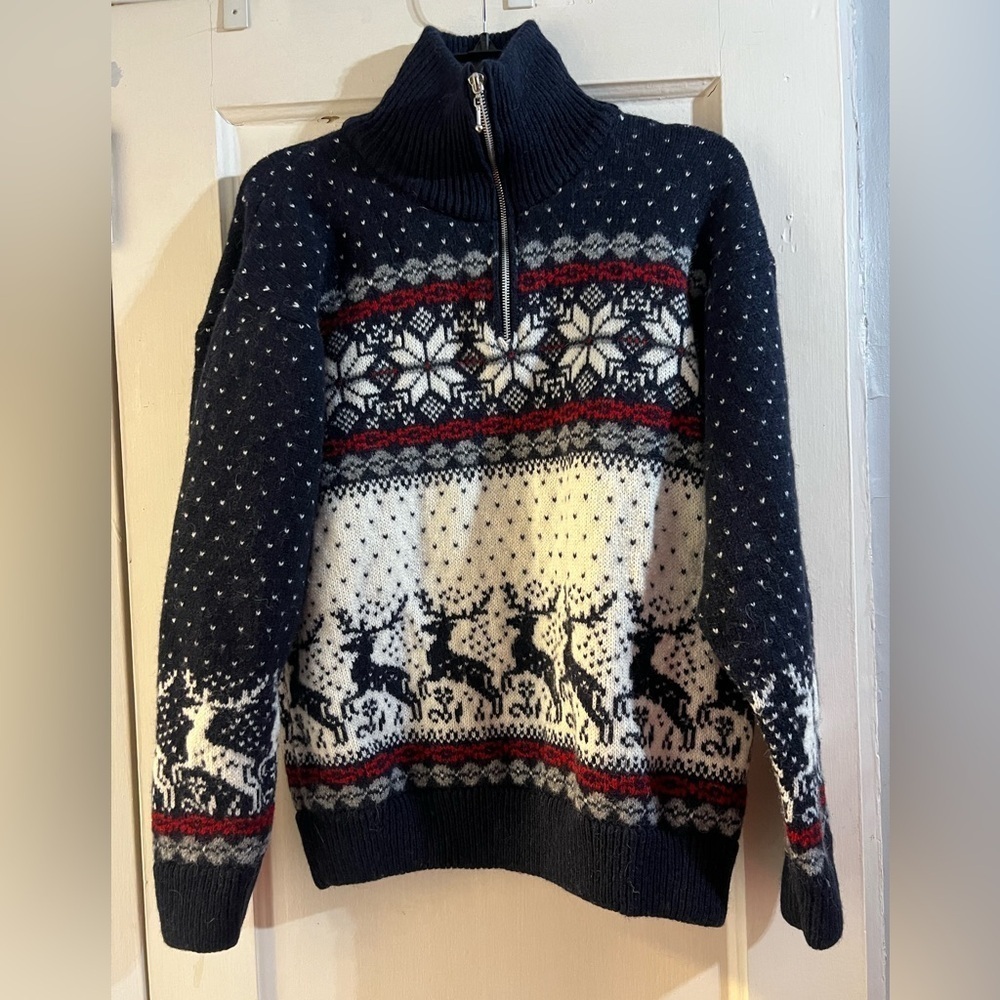 Wool Navy Reindeer Sweater Quarter Zip M